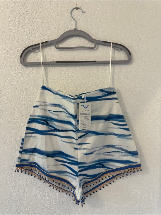 My Beachy Side Pants - High-Waist Blue Wave Print Women's Shorts with Beaded Evil Eye Tassel Hem